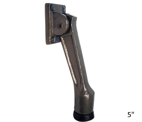 Cast iron kick down door stopper with a drop-down design, available in multiple sizes and finishes, sold individually.