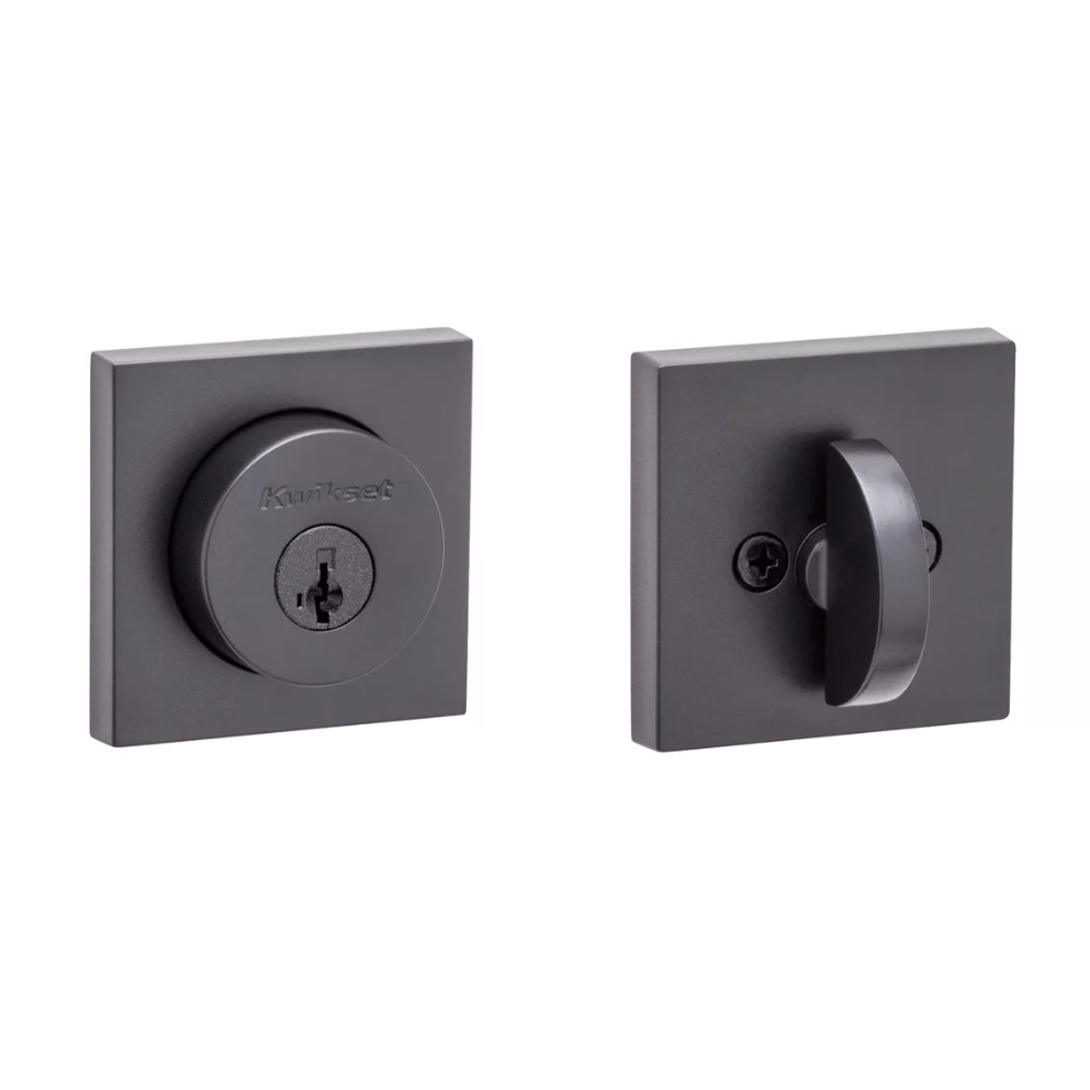 Kwikset single cylinder deadbolt with SmartKey security in Halifax square design and iron black finish.