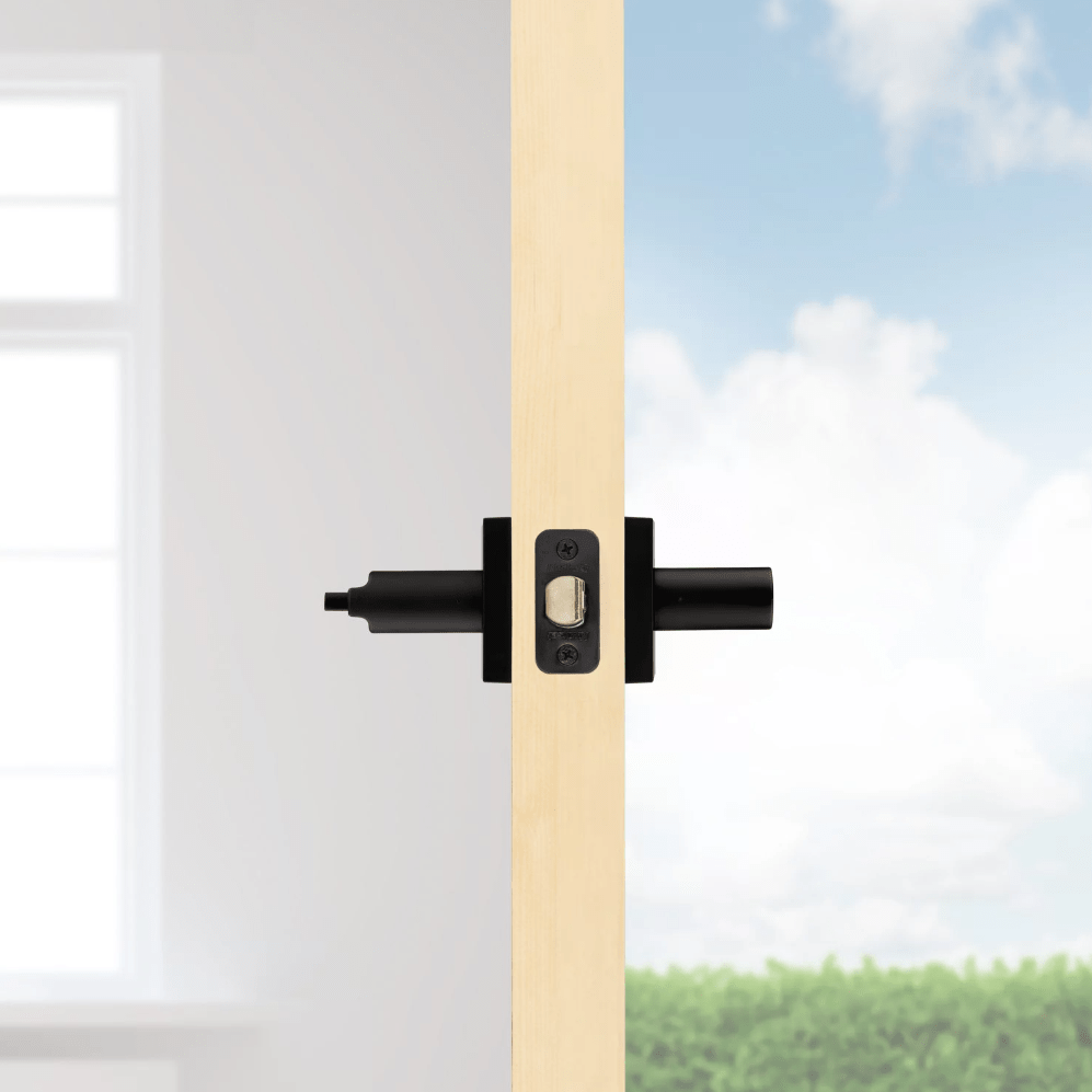 Kwikset Halifax square entry door lever lock in iron black finish with SmartKey security for residential use.