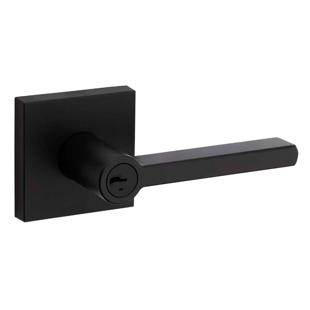 Kwikset Halifax square door lever with entry lock and SmartKey security in iron black finish, sold individually.