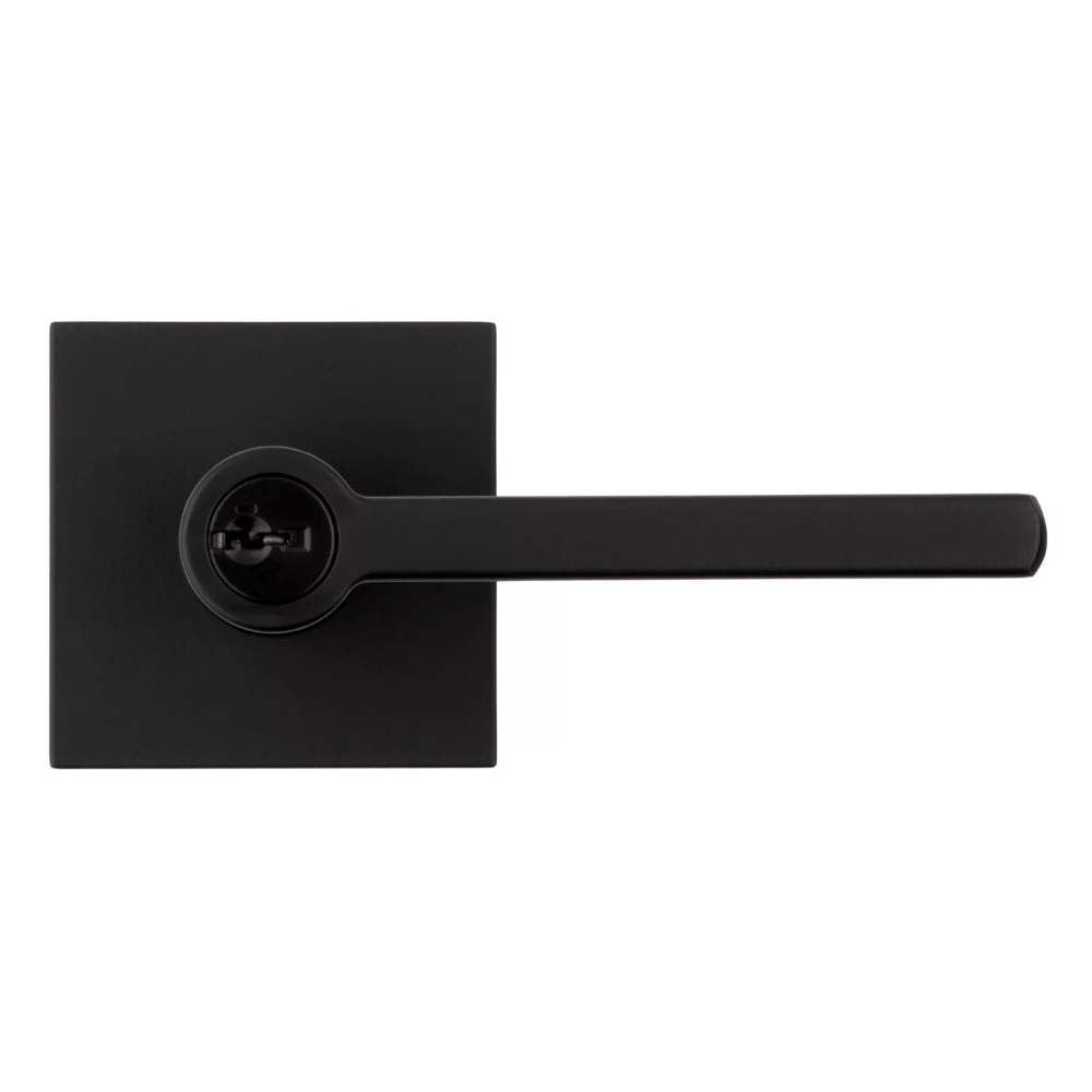 Kwikset Halifax square design entry door lever lock in iron black finish with SmartKey security, sold individually.