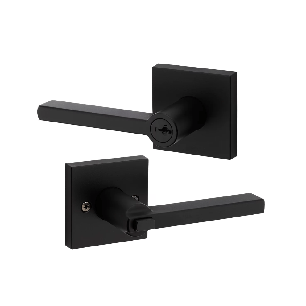 Kwikset Halifax square design entry door lever lock in iron black finish with SmartKey security, sold individually.
