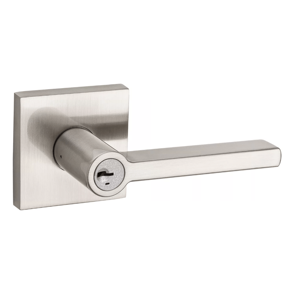 Kwikset Halifax square design entry door lever lock with SmartKey security in satin nickel finish, sold individually.