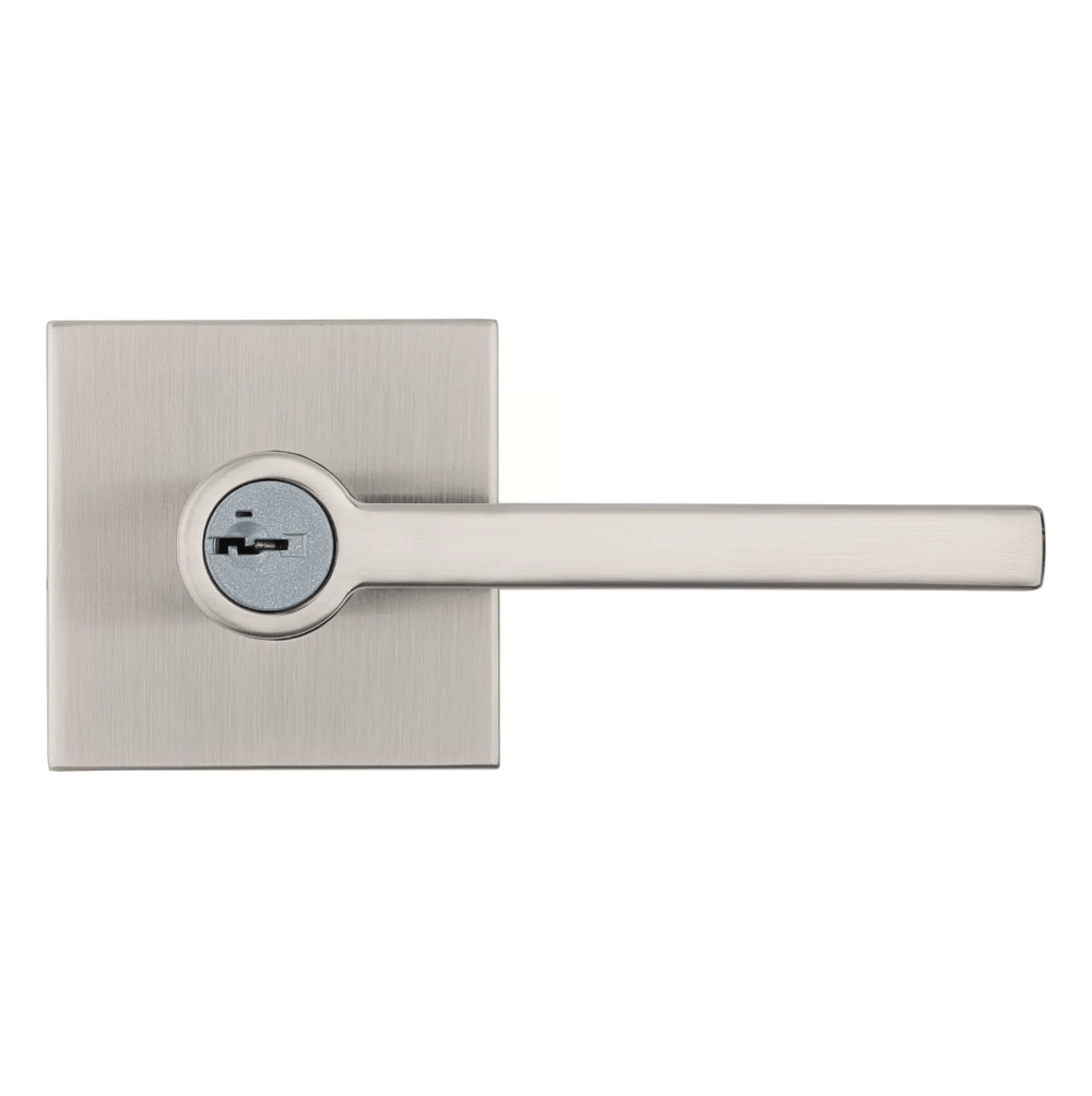 Kwikset Halifax square design entry door lever lock in satin nickel finish with SmartKey security feature.
