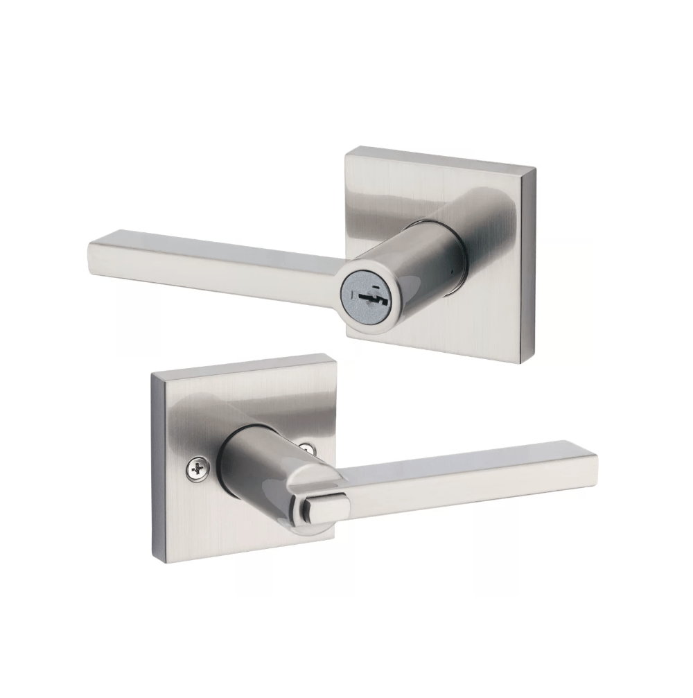 Satin nickel entry door lever lock with SmartKey security and Halifax square design, sold individually for residential use.