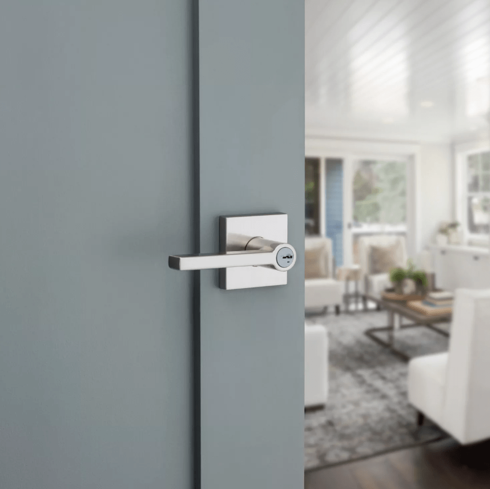 Kwikset Residential Door Lever - Entry Lock With Smartkey Security - Halifax Square Design - Satin Nickel Finish - Sold Individually