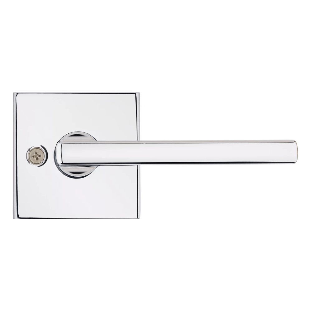 Kwikset Halifax square non-locking passage door lever in bright polished chrome finish, sold individually for residential use.