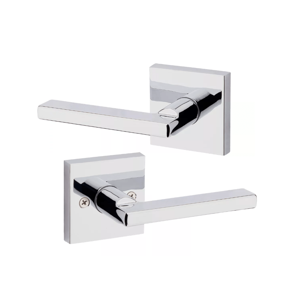 Kwikset Halifax square non-locking passage door lever in bright polished chrome finish, sold individually for residential use.
