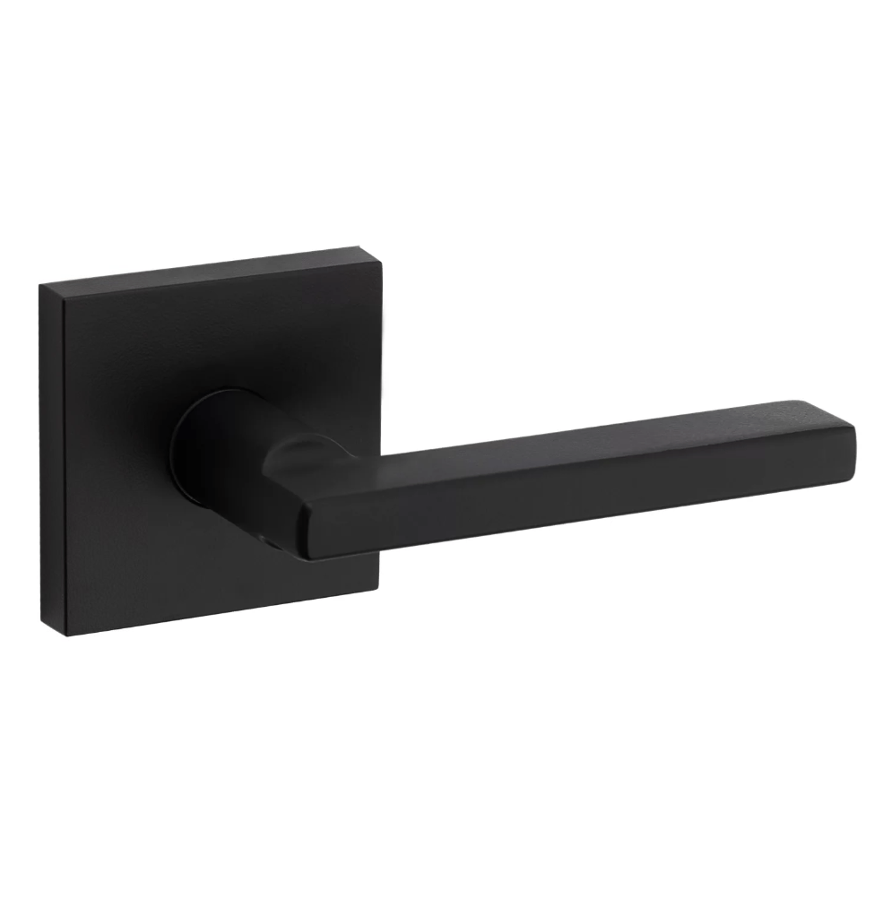 Kwikset Halifax square non-locking passage door lever in iron black finish, sold individually for residential use.