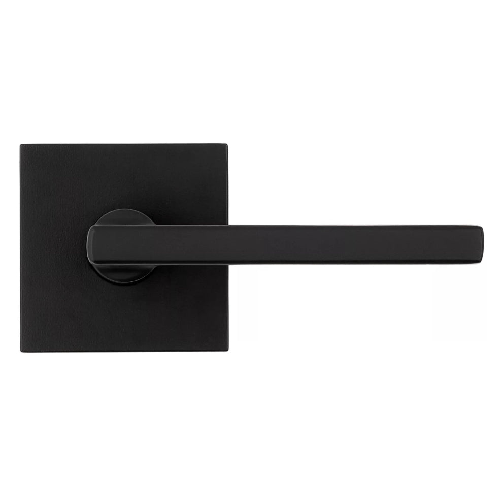 Kwikset Halifax square non-locking passage door lever in iron black finish, sold individually for residential use.