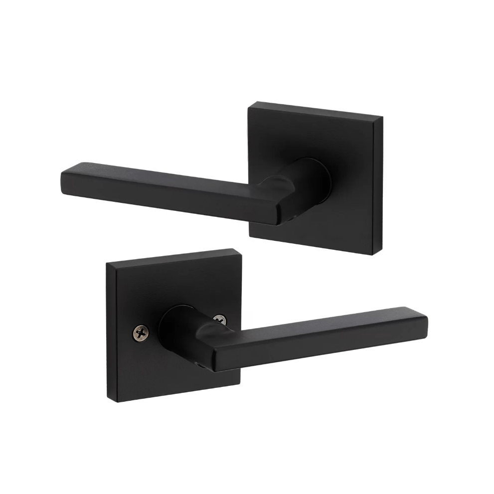 Kwikset Halifax square non-locking passage door lever in iron black finish, sold individually for residential use.