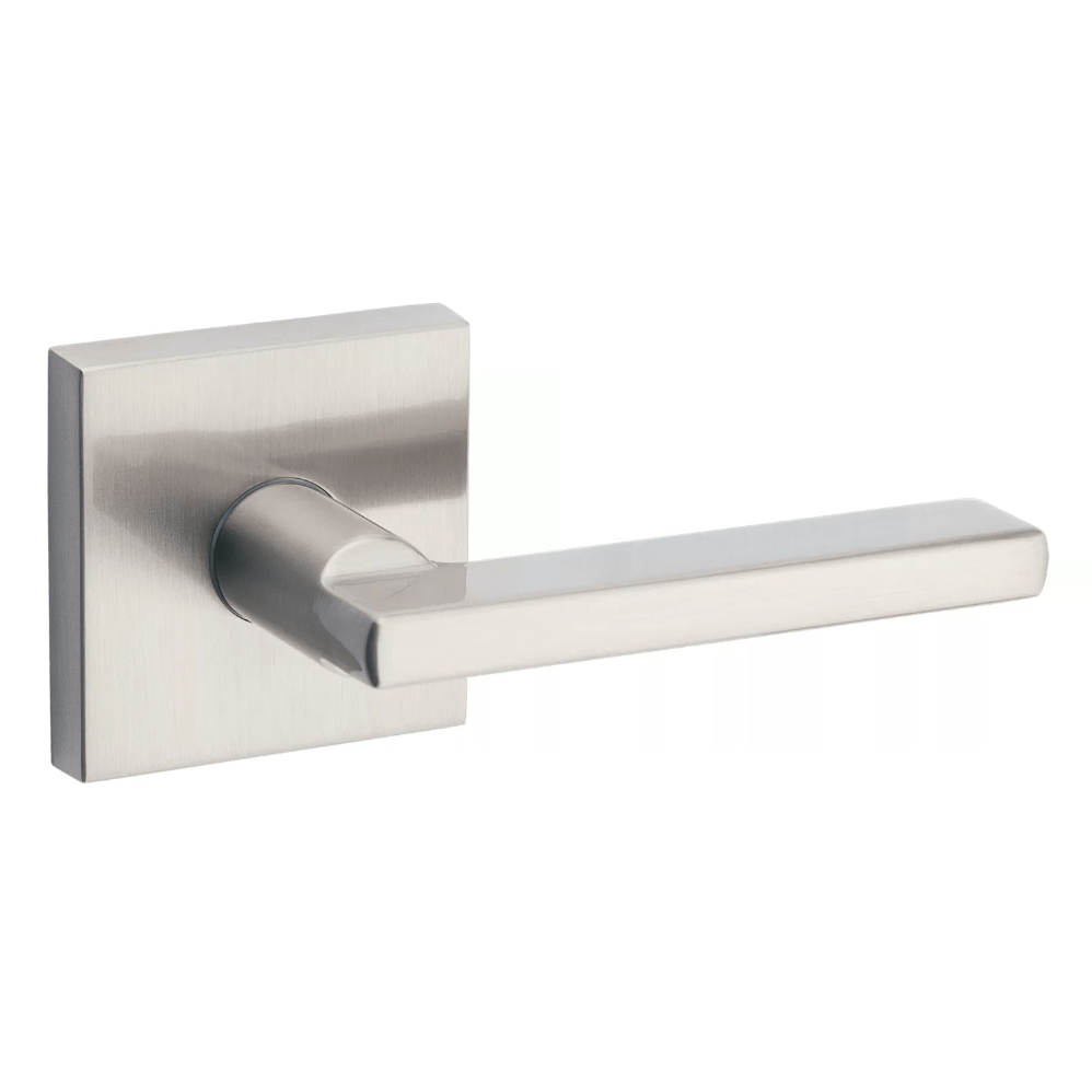 Satin nickel non-locking passage door lever in Halifax square style, ideal for residential use, sold individually.