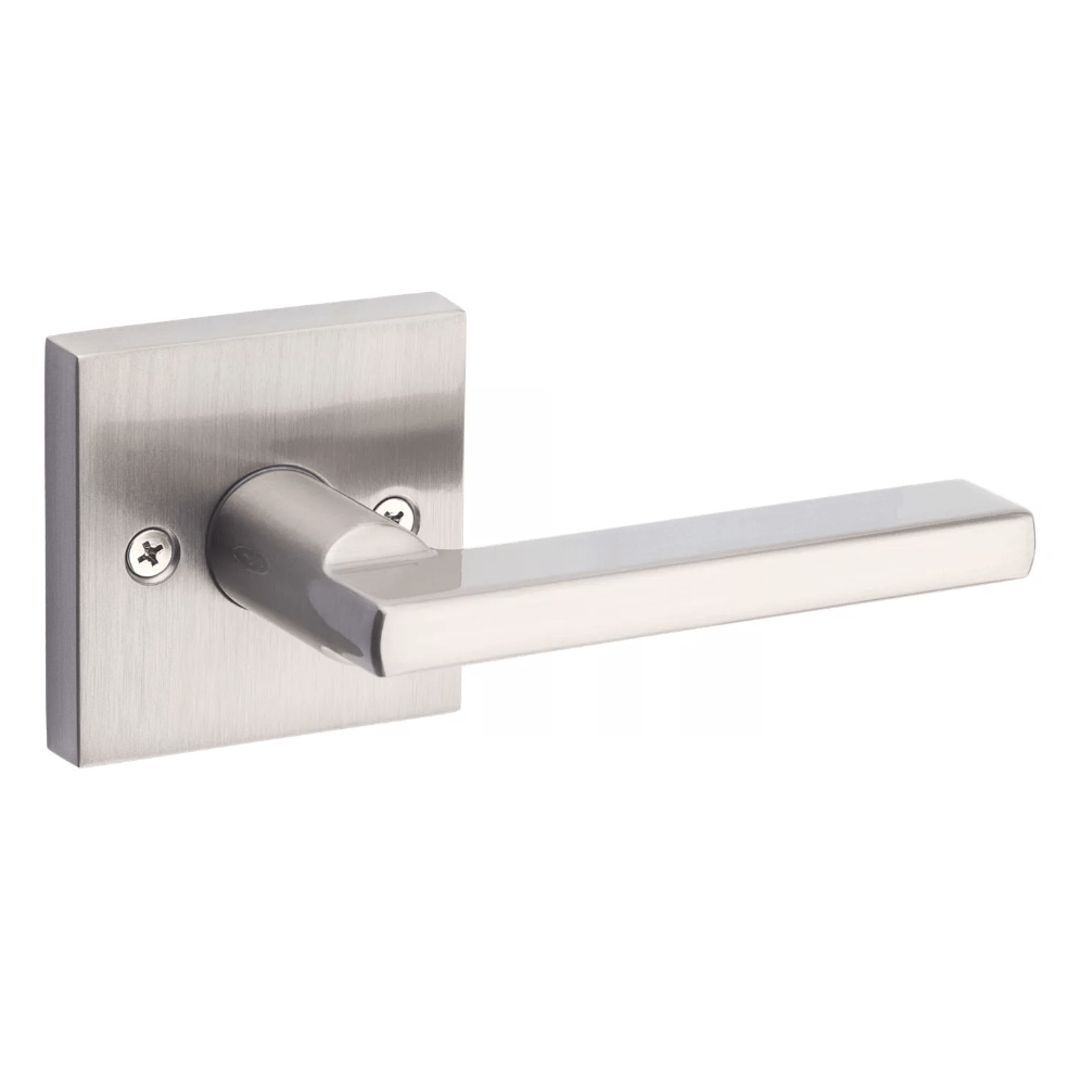 Satin nickel non-locking passage door lever with a square plate, ideal for residential use. Sold individually.