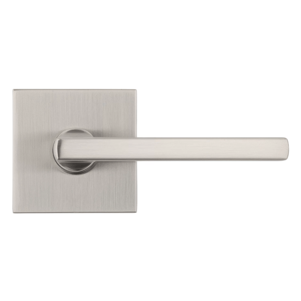 Satin nickel non-locking passage door lever with a square style design, ideal for residential use.