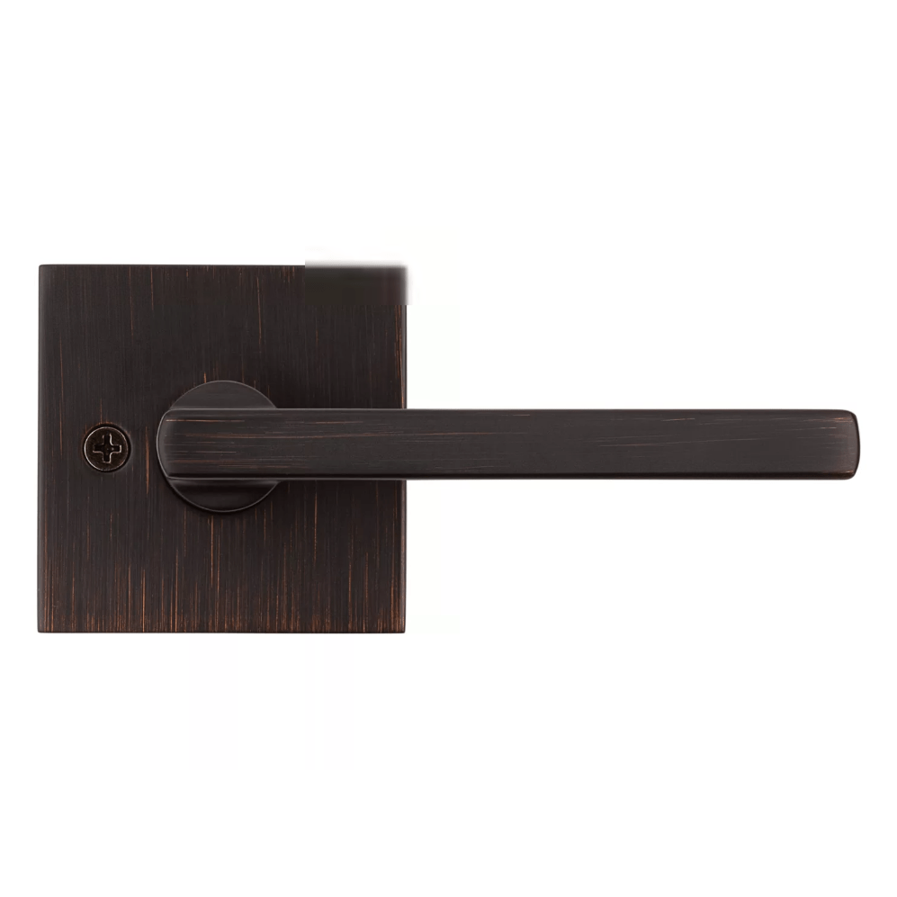 Kwikset Halifax square non-locking passage door lever in a Venetian bronze finish, sold individually for residential use.