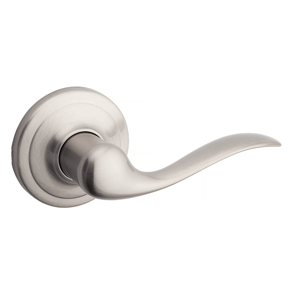 Satin nickel non-locking passage lever door handle in Tustin style with Microban antimicrobial protection.
