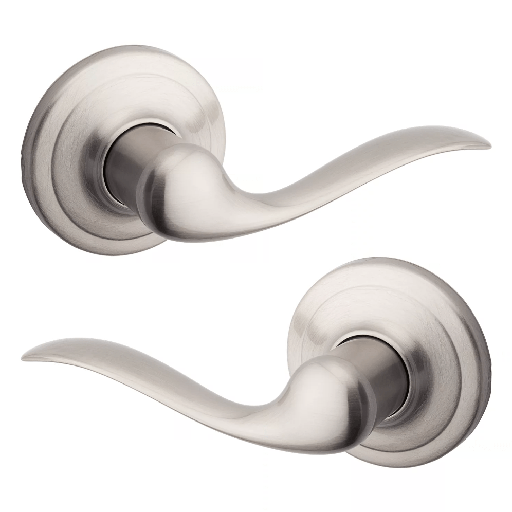 Satin nickel non-locking passage door lever set in Tustin style with Microban antimicrobial protection. Sold individually.
