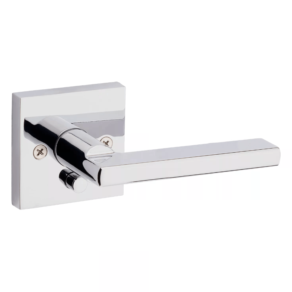 Kwikset Halifax square privacy door lever in bright polished chrome finish, ideal for residential use. Sold individually.