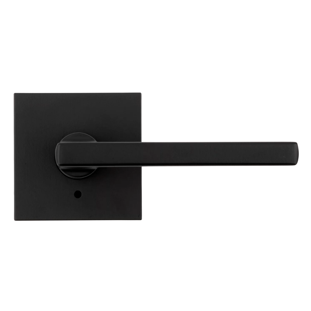 Kwikset Halifax square privacy door lever in iron black finish, designed for residential use, sold individually.