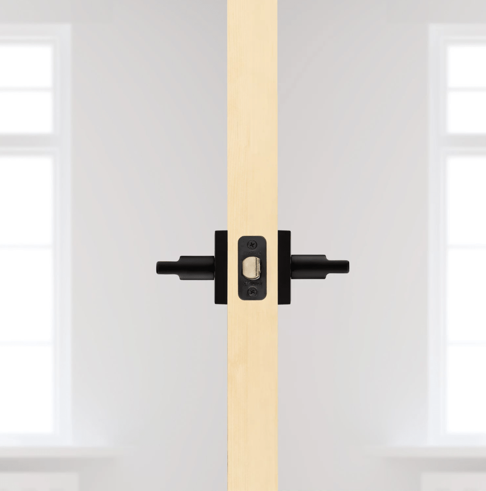 Kwikset Halifax square privacy door lever in iron black finish, designed for residential use, sold individually.