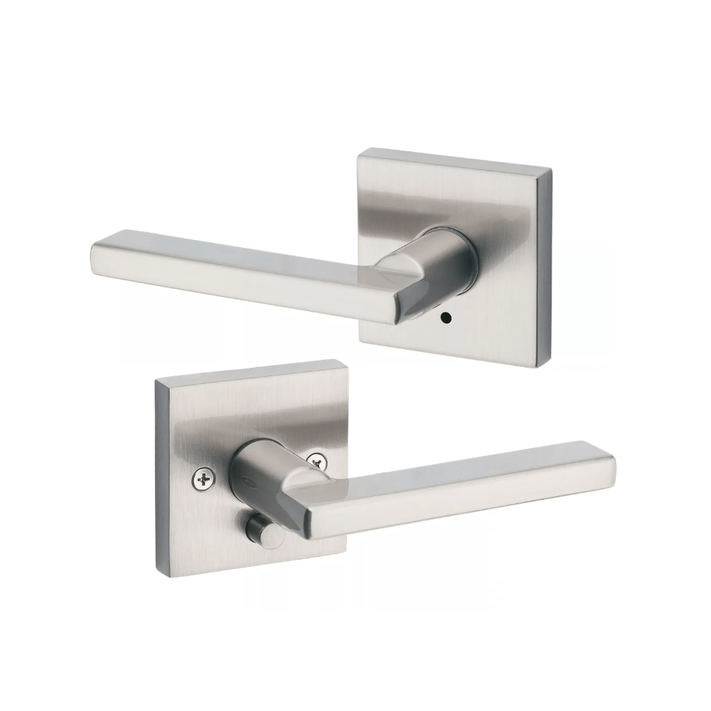 Kwikset Halifax square privacy door lever in satin nickel finish, sold individually for residential use.