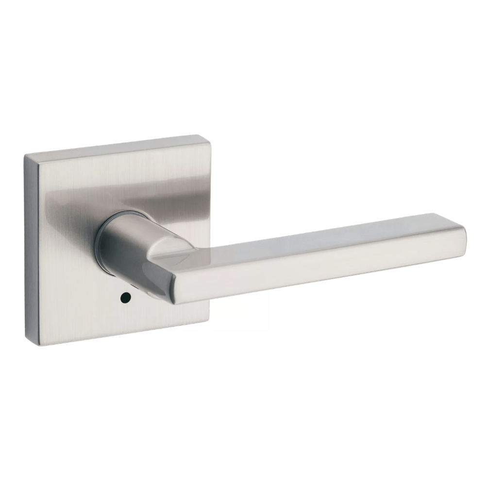 Satin nickel privacy door lever with Halifax square style, ideal for residential use, sold individually.