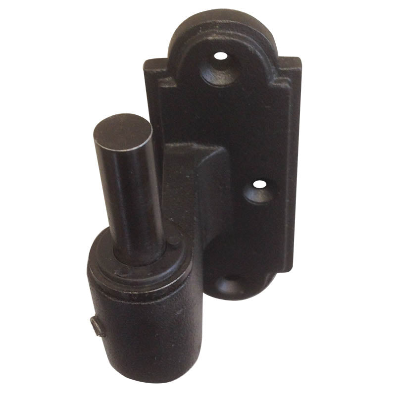 L Style shutter hinge pintle with 1-1/2 inch offset, pin shifted 0.625 inch, cast iron, black powder coat finish.