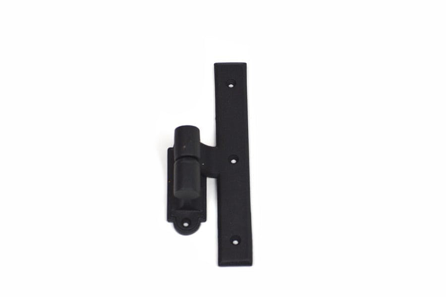 L Style shutter hinge in black powder-coated cast iron, 1-1/2 inch offset, sold individually for durability and style.