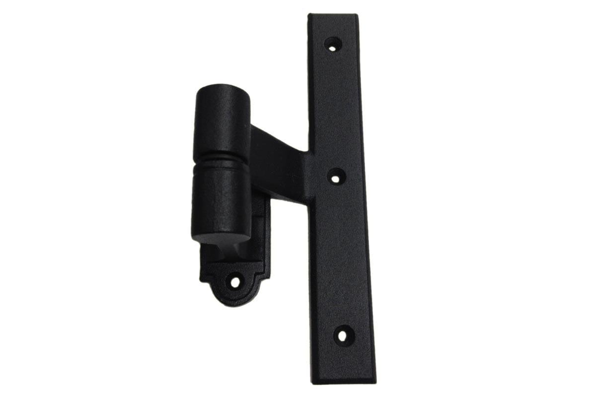 L Style shutter hinge in black powder-coated cast iron, 2-1/4 inch offset, sold individually for durable applications.