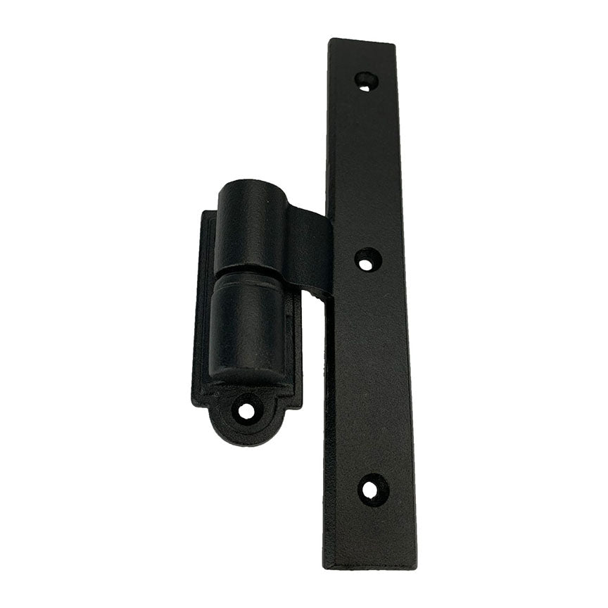 L Style shutter hinge in black powder-coated cast iron, 3/4 inch offset, sold individually for durability and style.