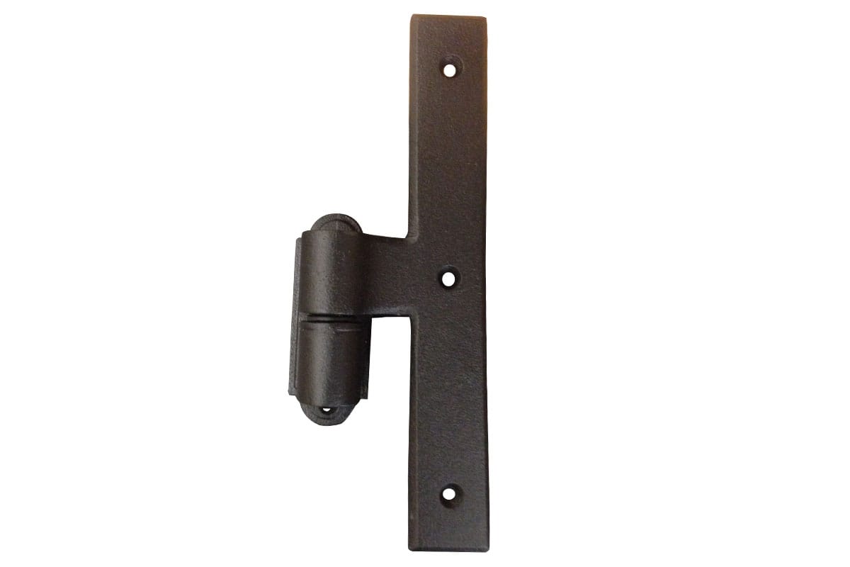L Style shutter hinge in black powder-coated cast iron, featuring a minimal offset design, sold individually.