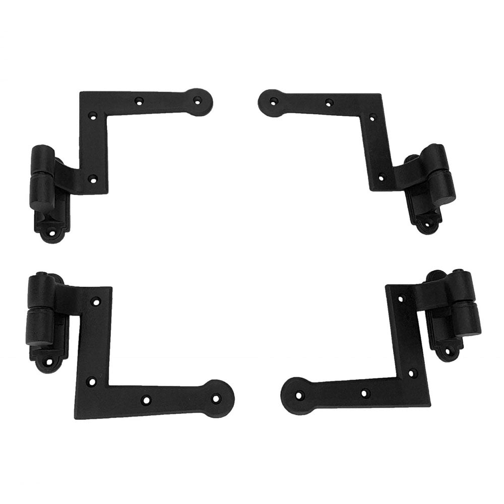 L Style shutter hinges set of four, 1-1/2 inch offset, cast iron with black powder coat finish for durability.