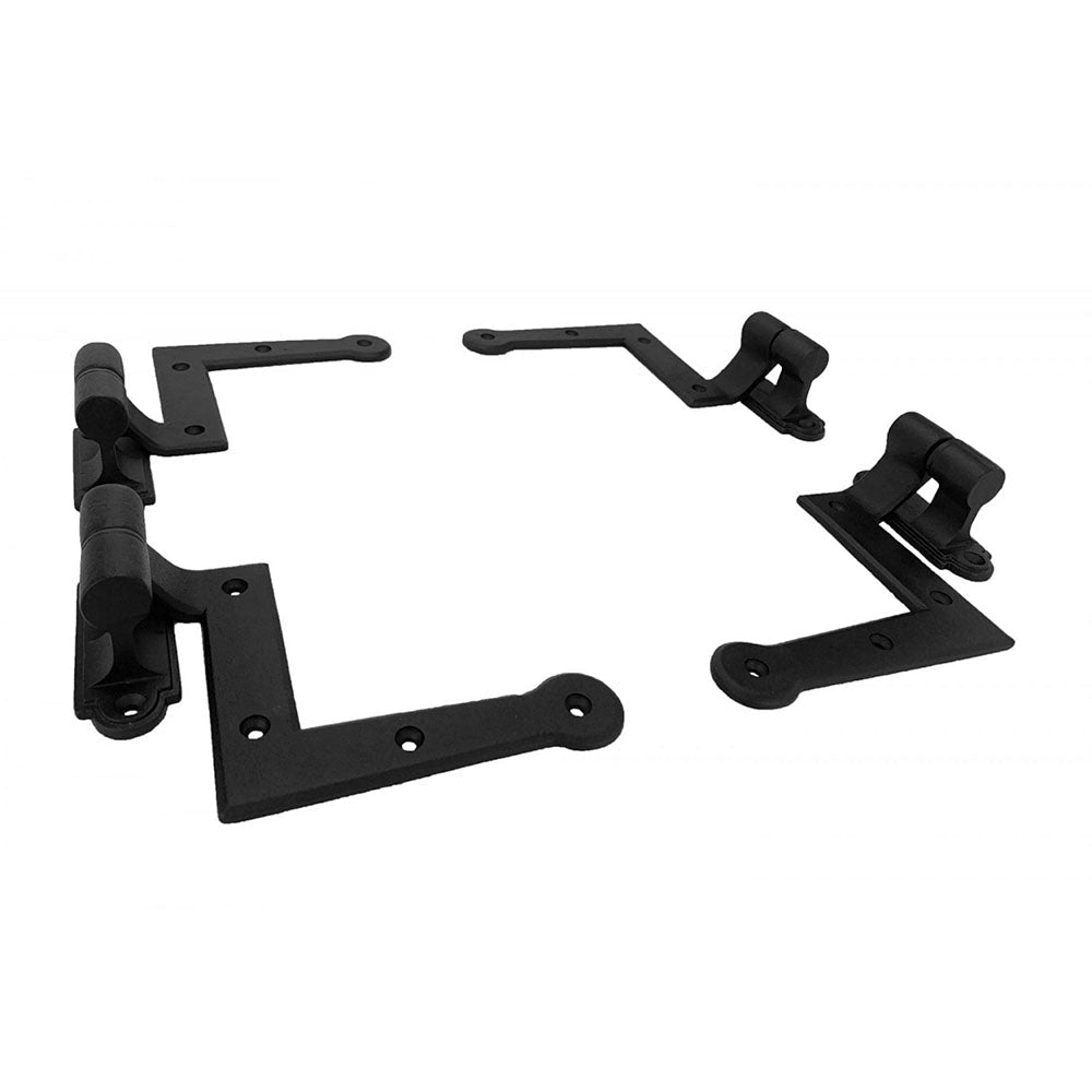 L Style shutter hinges set of 4, 1-1/2 inch offset, cast iron with black powder coat finish for durability.