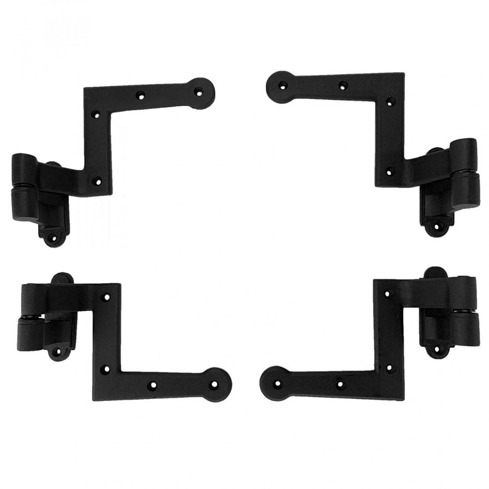 L Style shutter hinges in black powder coat, 2-1/4 inch offset, sold in sets of four for durable window applications.