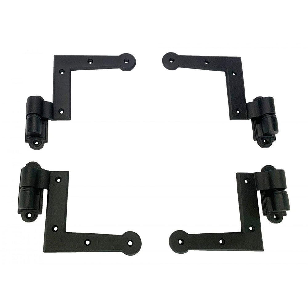 L Style shutter hinges set of four, 3/4 inch offset, cast iron with black powder coat finish for durability.