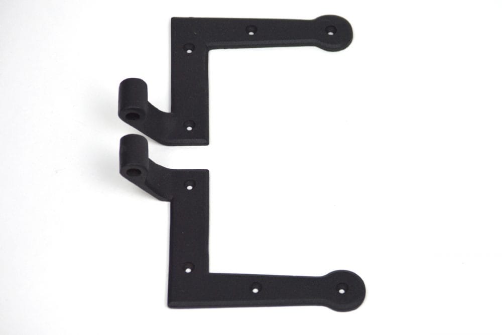 L Style shutter hinges in black powder coat, 2-1/4 inch offset, sold in pairs for right or left handing.