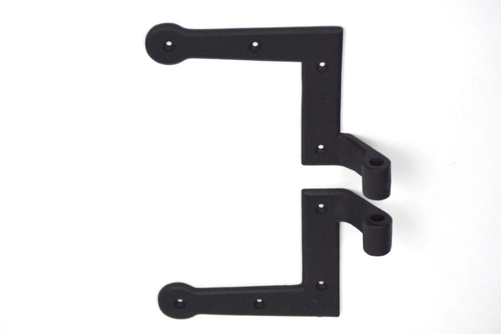L Style shutter hinges in black powder coat, 2-1/4 inch offset, sold in pairs for right or left handing.