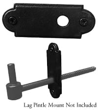 Black powder-coated lag pintle trim plate measuring 3-1/4" x 1-1/4", sold individually for gate hardware.