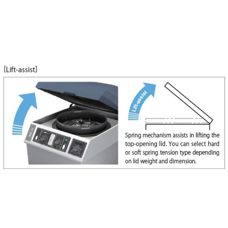 Adjustable spring-loaded lid stay for back panel mounting, made of stainless steel, assists in lifting top-opening lids.