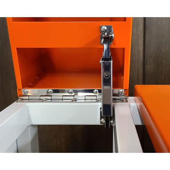 Stainless steel lid stay with adjustable spring, back panel mounted, featuring optional damper for smooth operation.