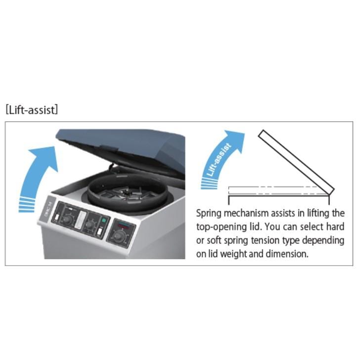 Adjustable spring-loaded lid stay for side wall mounting, made of stainless steel, assists with top-opening lids.