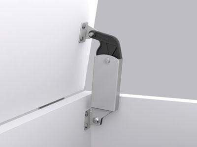 Heavy spring-loaded lid stay in stainless steel, back panel mounted, ideal for secure lid support in cabinets.