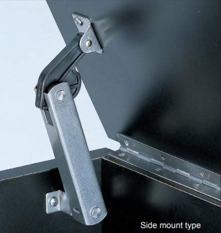 Heavy-duty stainless steel spring-loaded lid stay for side mounting, ideal for secure lid support in various applications.
