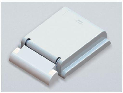 Lift assist hinge for cabinets, featuring a stainless steel body and light grey cover, sold individually.