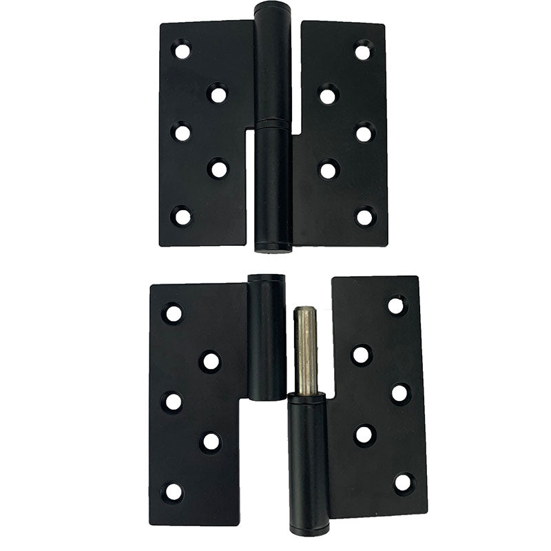 Lift Off Barrel Hinges in black powder coat, 4-inch stainless steel, suitable for shutters or doors, sold in pairs.