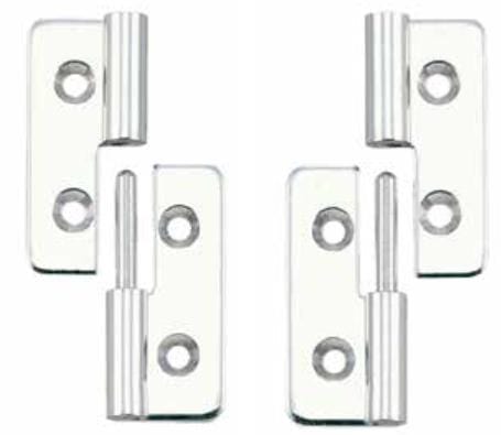Stainless steel lift-off hinges for cabinets, measuring 1-37/64" x 1-3/16", sold individually for easy installation.