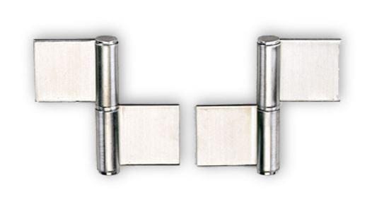 Weld On lift off door hinges in stainless steel, measuring 4-1/64" x 2-5/32", sold individually for durable applications.