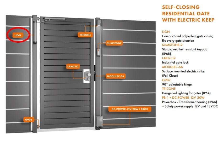 Compact retrofit gate closer for gates up to 165 lbs, available in multiple finishes for residential use.
