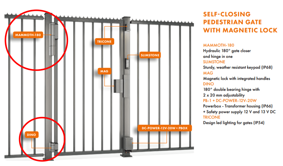 Heavy duty 180° hydraulic gate closer and hinge for gates up to 330 lbs, available in multiple finishes. Sold individually.