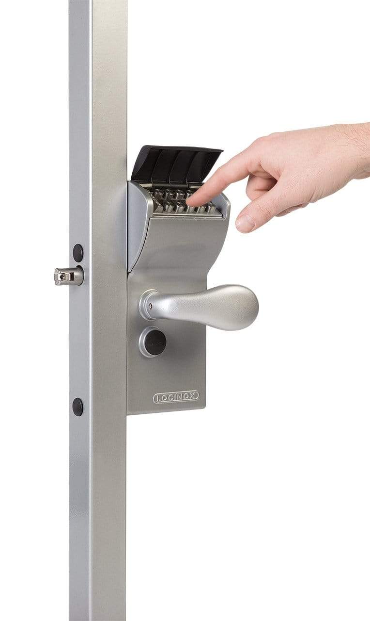 Surface mounted mechanical code lock for gates, featuring a keypad and lever handle, suitable for square or flat profiles.